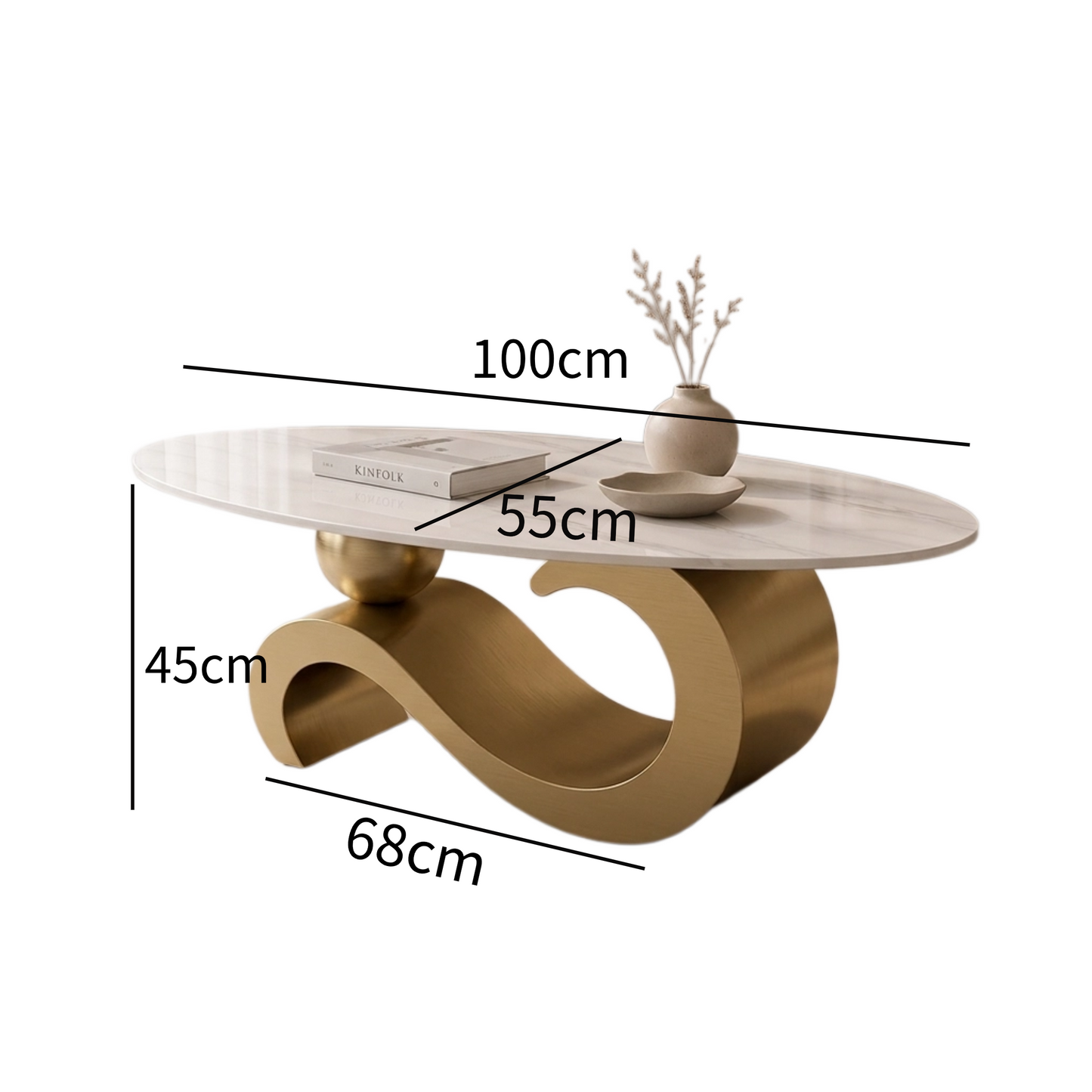 100 cm Oval Sintered Stone Coffee Table with 18K Gold Base