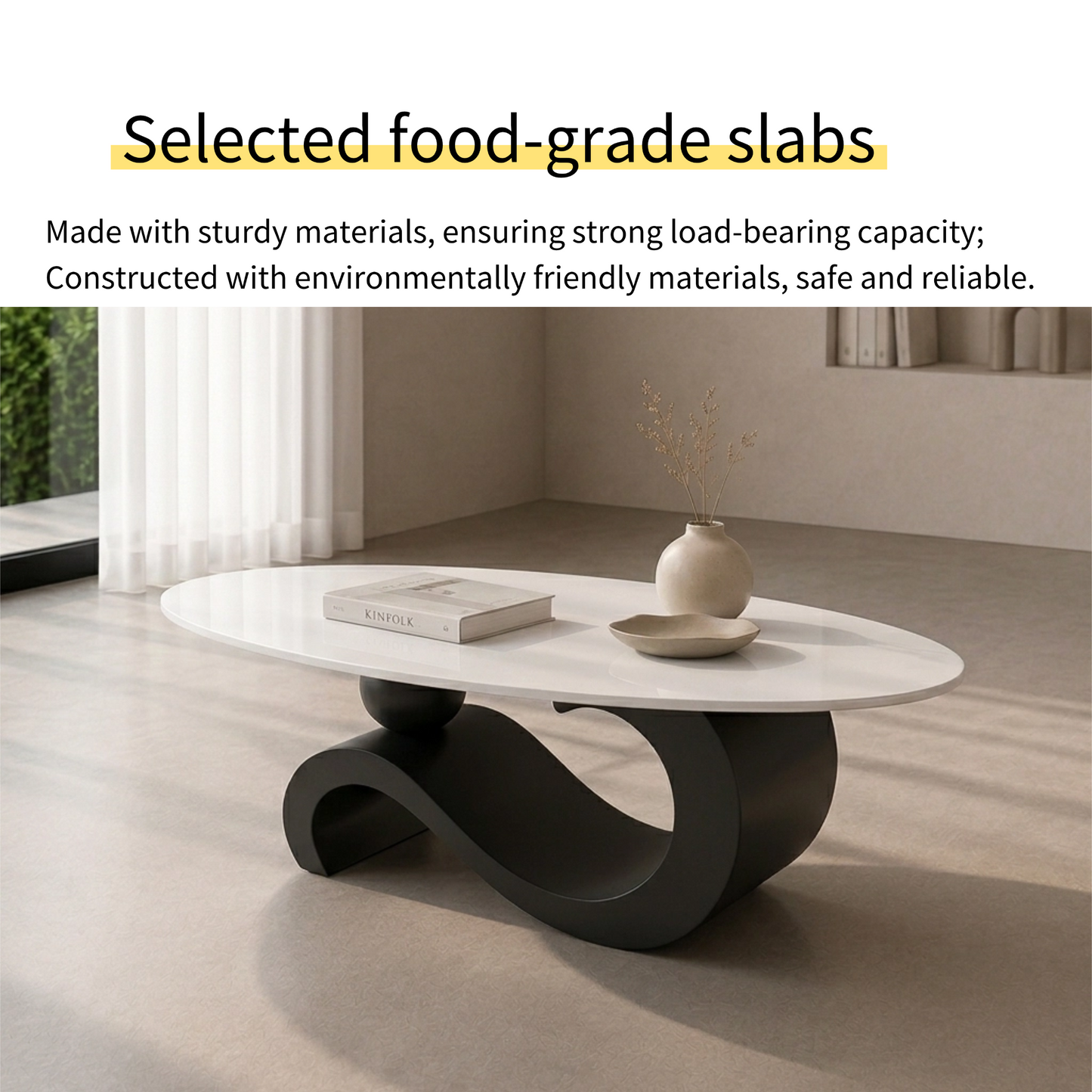 130 cm Oval Sintered Stone Coffee Table with Matte Dark Gray Base