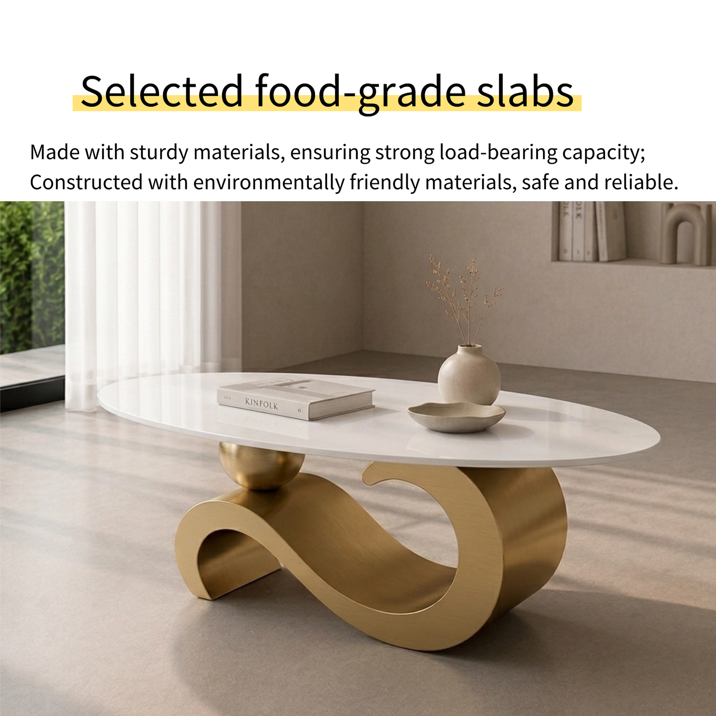 100 cm Oval Sintered Stone Coffee Table with 18K Gold Base