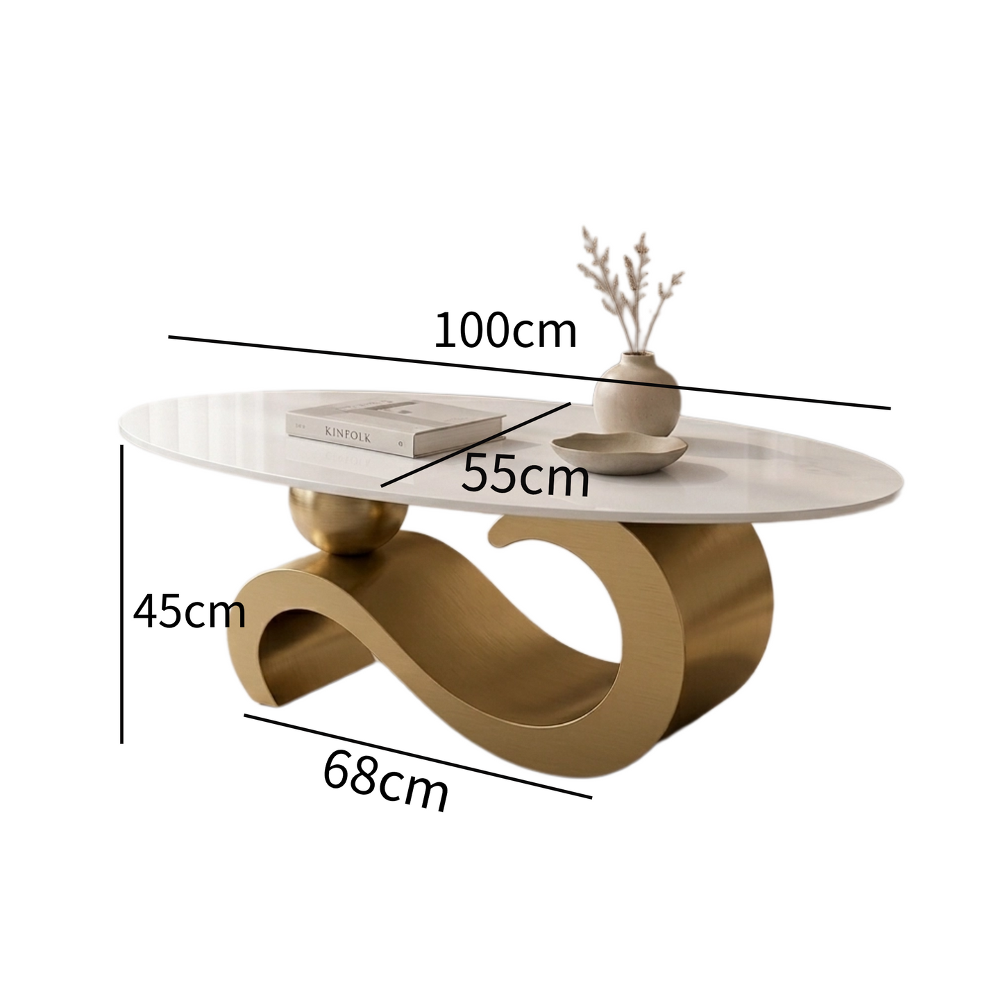 100 cm Oval Sintered Stone Coffee Table with 18K Gold Base