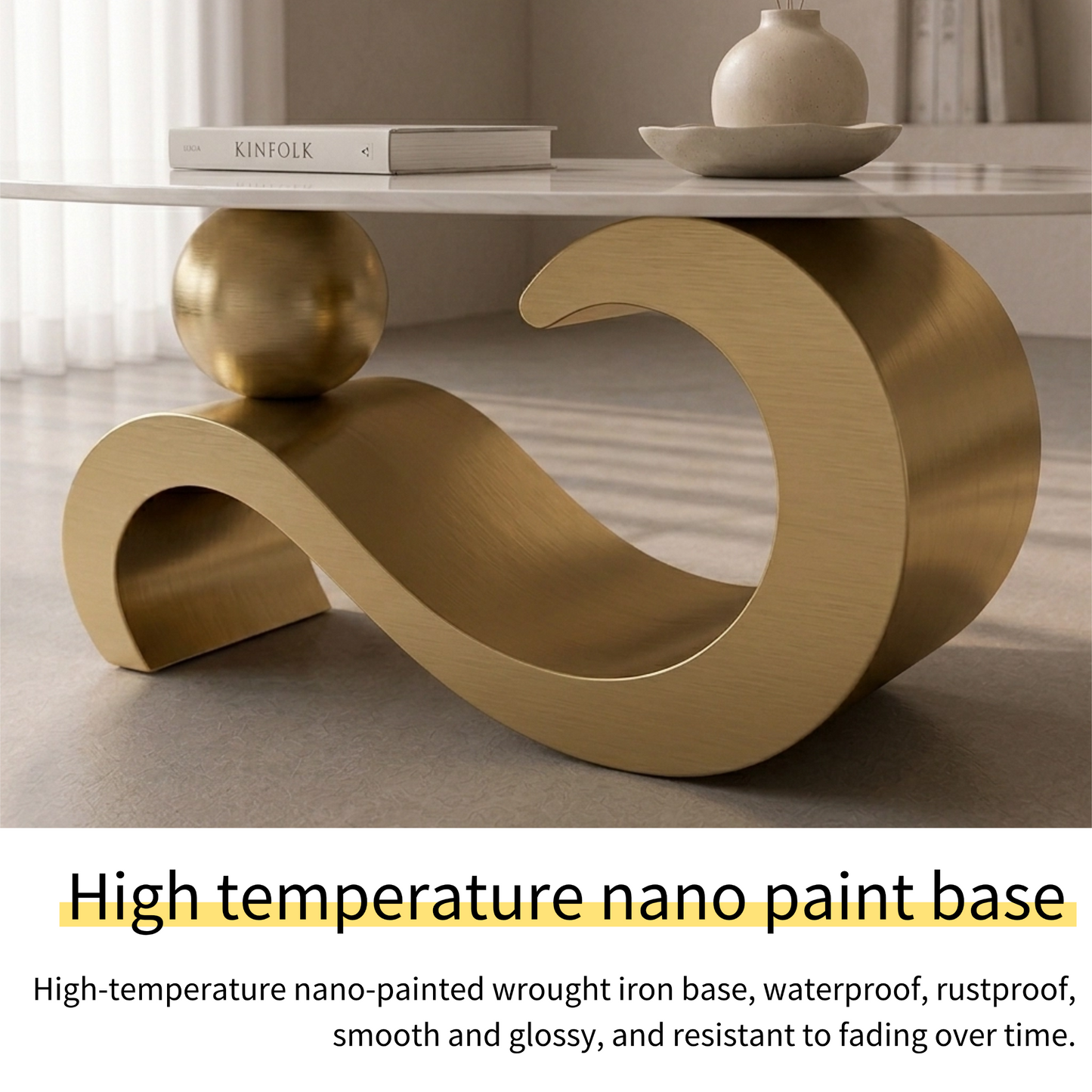 100 cm Oval Sintered Stone Coffee Table with 18K Gold Base