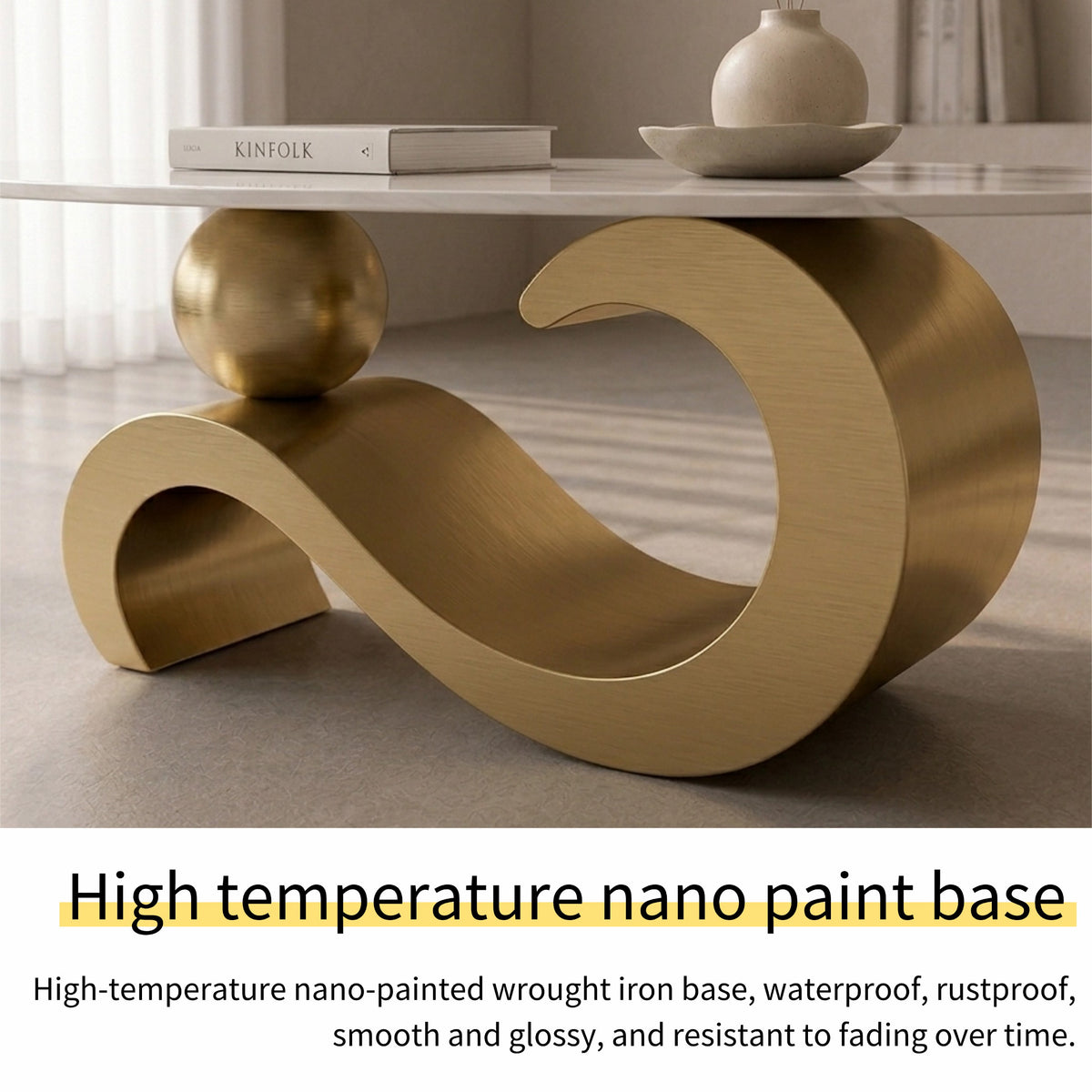 100 cm Oval Sintered Stone Coffee Table with 18K Gold Base