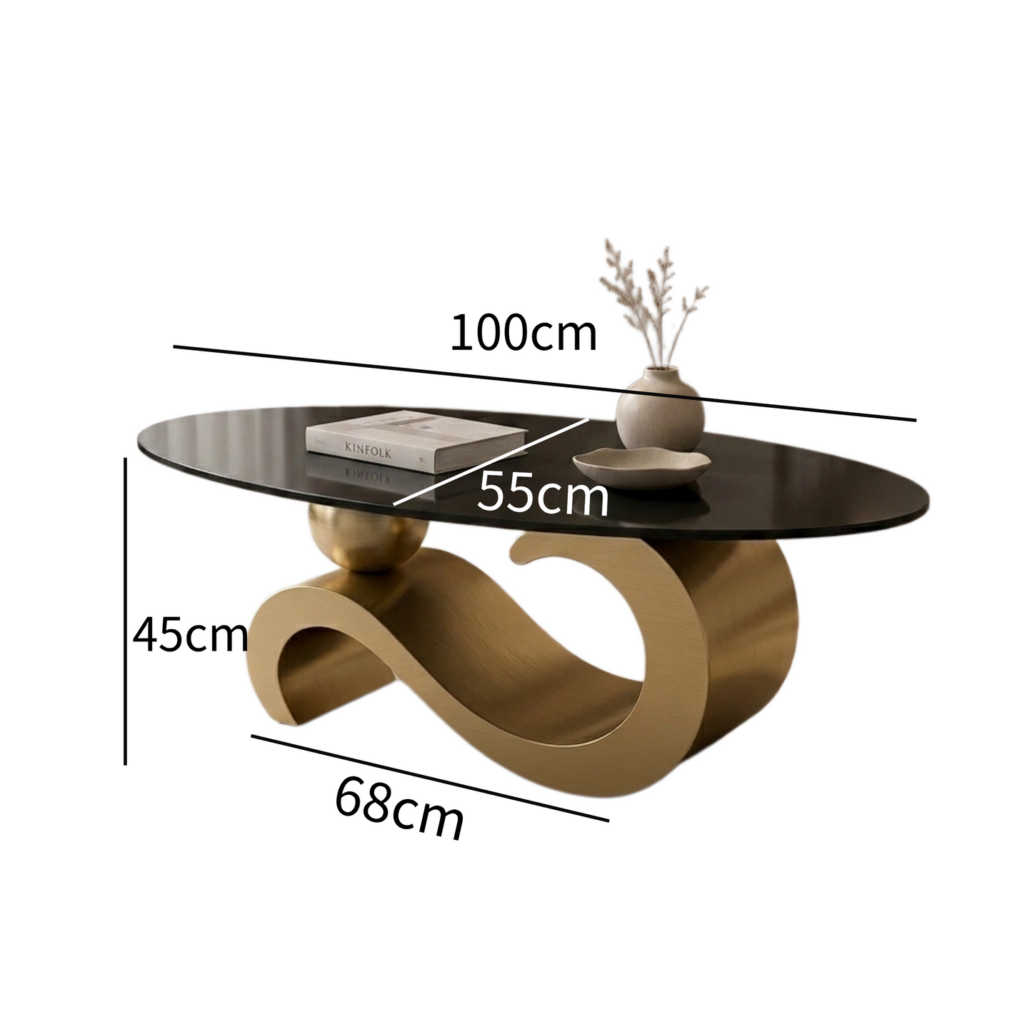 100 cm Oval Sintered Stone Coffee Table with 18K Gold Base