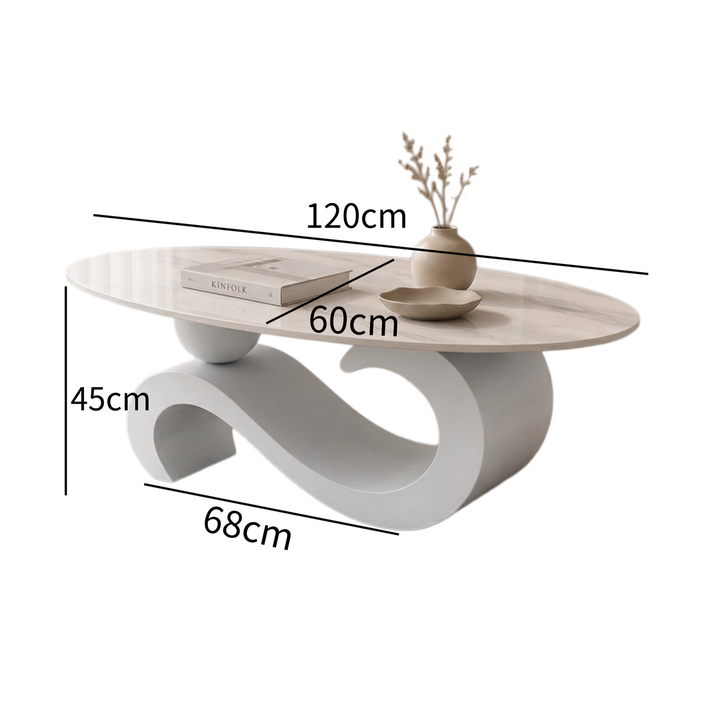 120 cm Oval Sintered Stone Coffee Table with Matte White Base