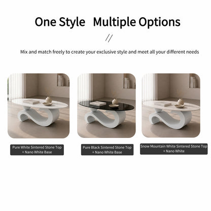 120 cm Oval Sintered Stone Coffee Table with Matte White Base