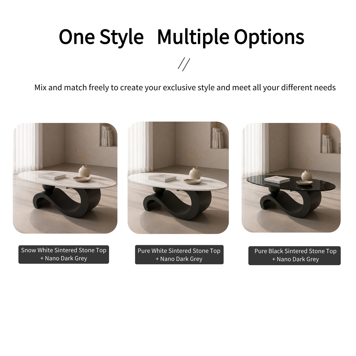 130 cm Oval Sintered Stone Coffee Table with Matte Dark Gray Base