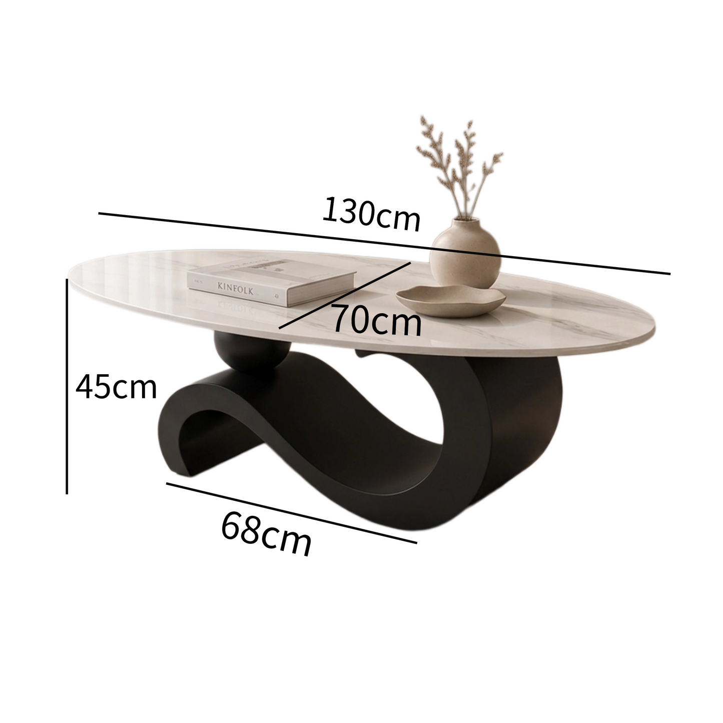 130 cm Oval Sintered Stone Coffee Table with Matte Dark Gray Base