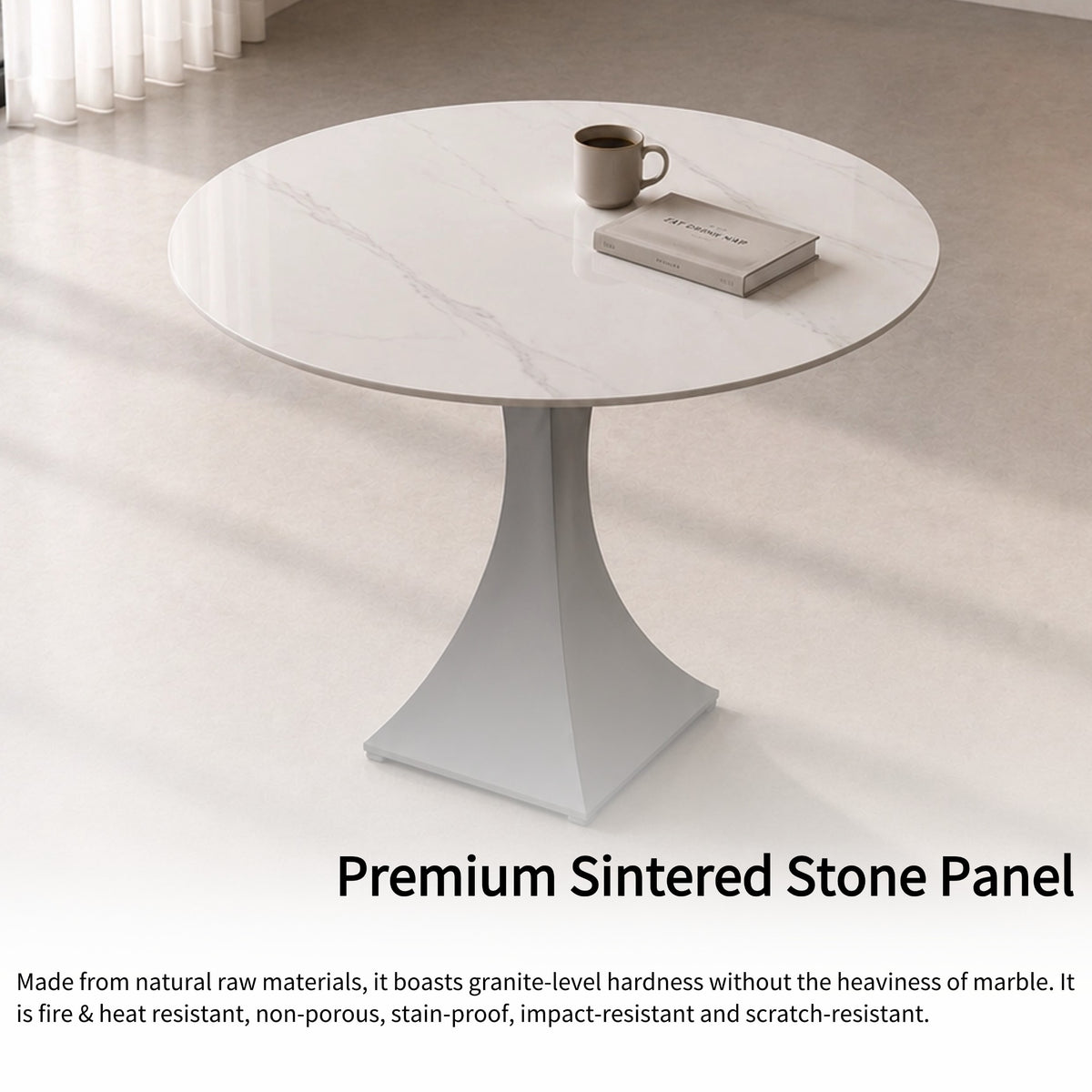 Round Sintered Stone Coffee Table with Light Gray Pedestal – 80 cm