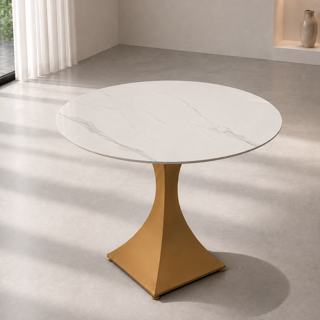 Round Sintered Stone Coffee Table with 18K Gold Pedestal – 60 cm