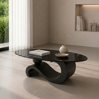 130 cm Oval Sintered Stone Coffee Table with Matte Dark Gray Base