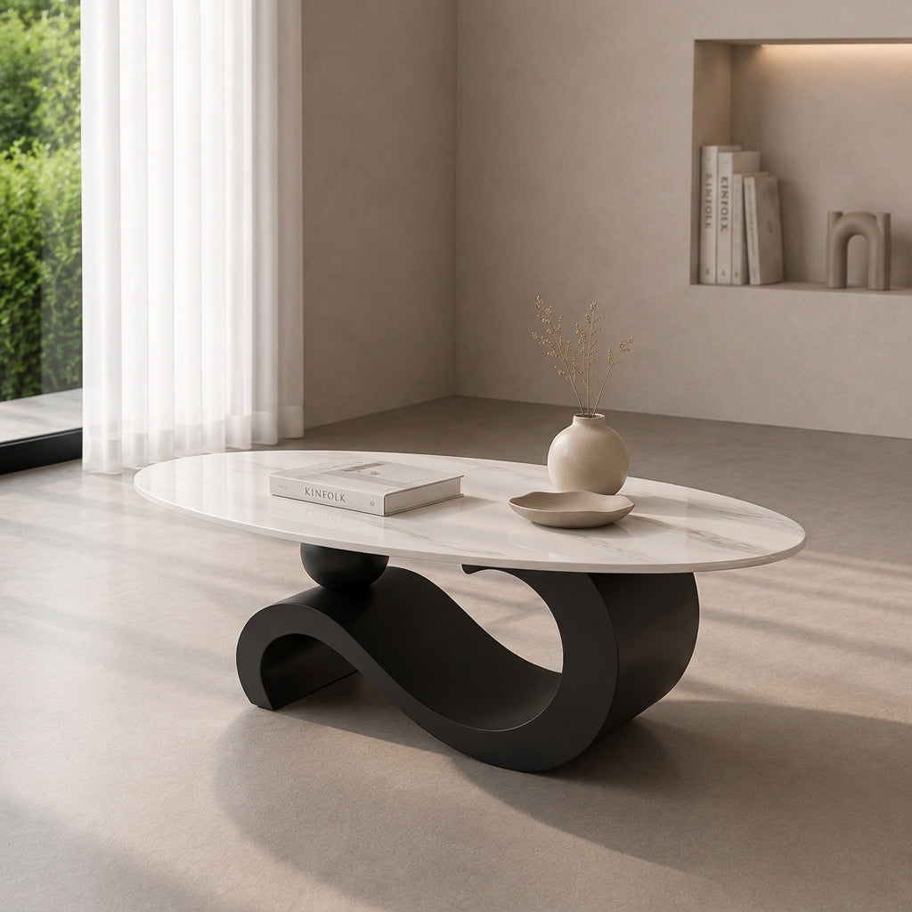 130 cm Oval Sintered Stone Coffee Table with Matte Dark Gray Base