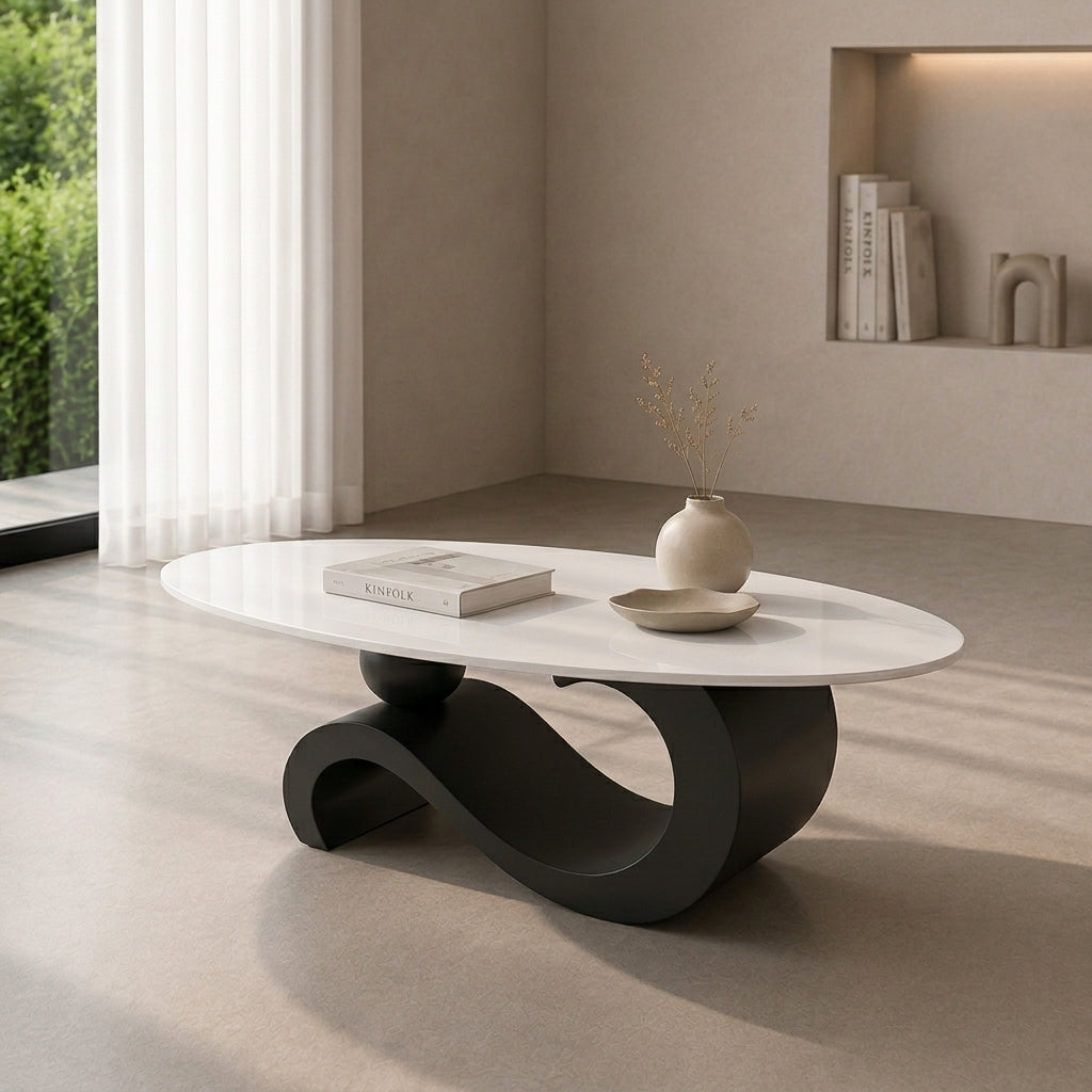 130 cm Oval Sintered Stone Coffee Table with Matte Dark Gray Base