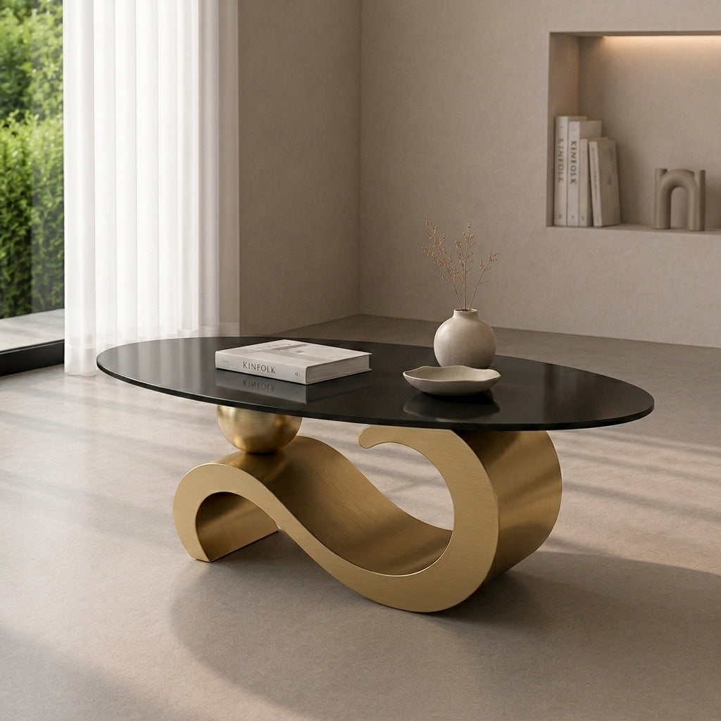 100 cm Oval Sintered Stone Coffee Table with 18K Gold Base