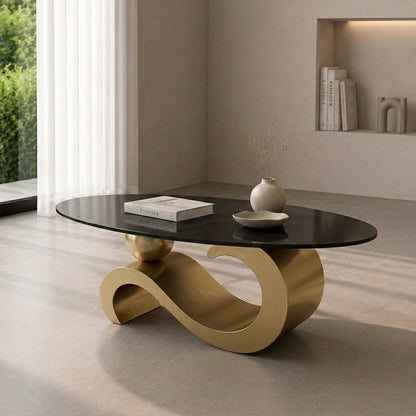 100 cm Oval Sintered Stone Coffee Table with 18K Gold Base