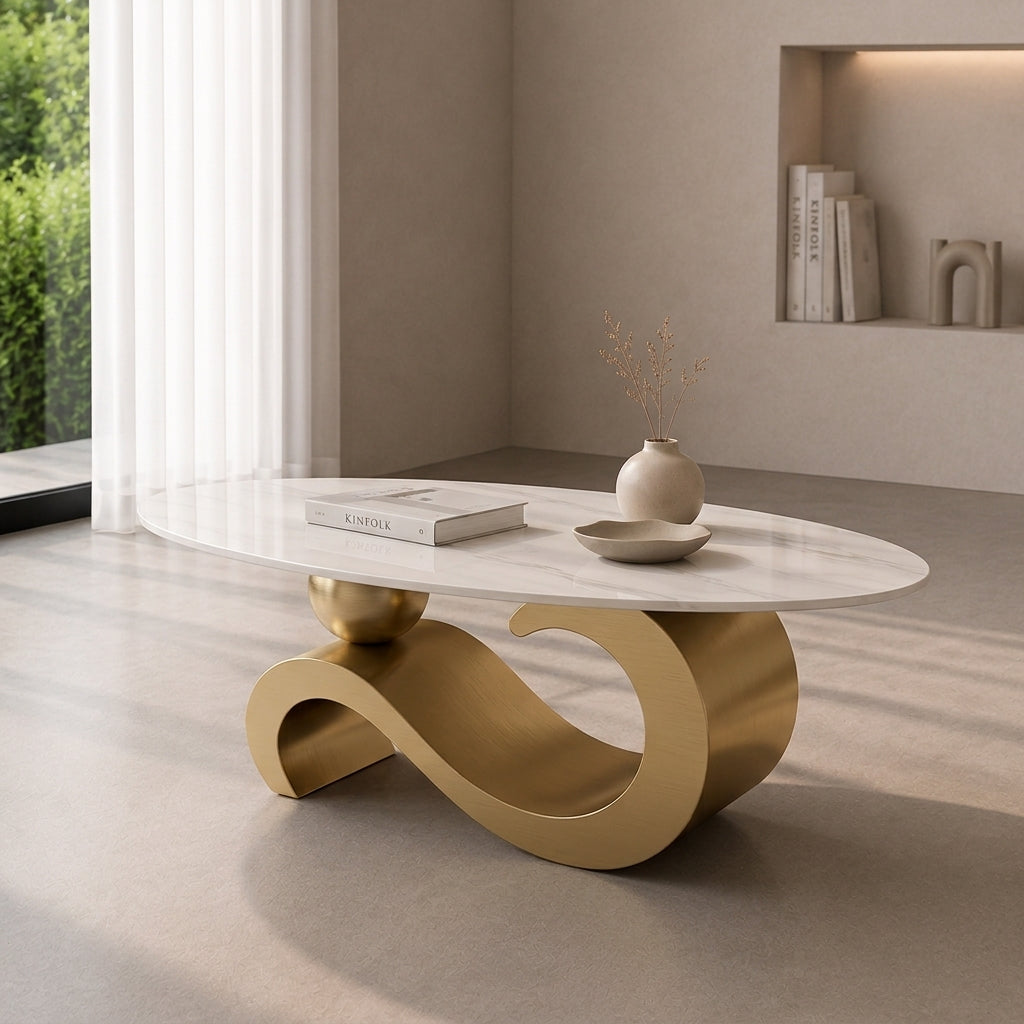 100 cm Oval Sintered Stone Coffee Table with 18K Gold Base