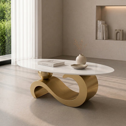 100 cm Oval Sintered Stone Coffee Table with 18K Gold Base