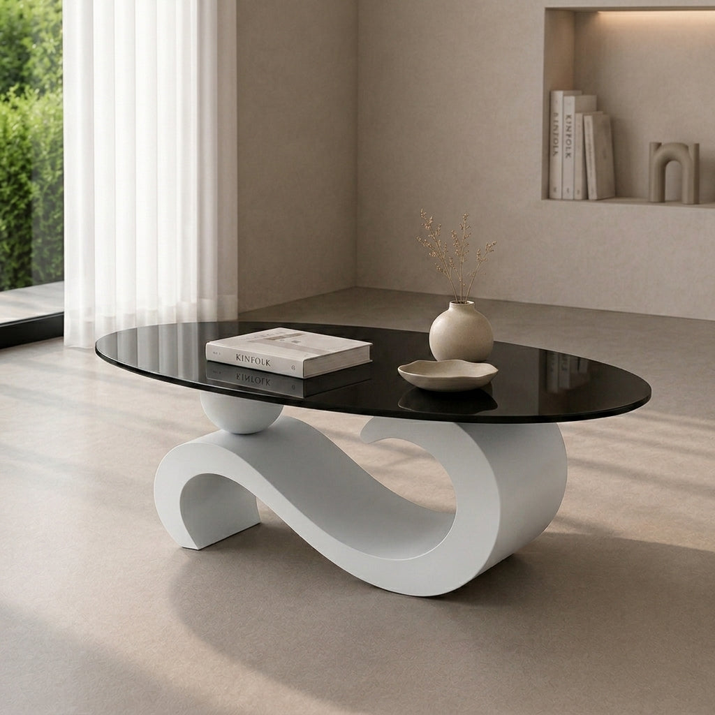 120 cm Oval Sintered Stone Coffee Table with Matte White Base