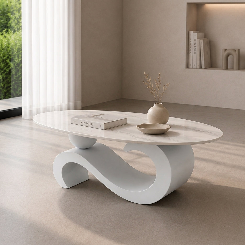 120 cm Oval Sintered Stone Coffee Table with Matte White Base