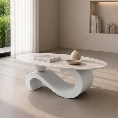 120 cm Oval Sintered Stone Coffee Table with Matte White Base