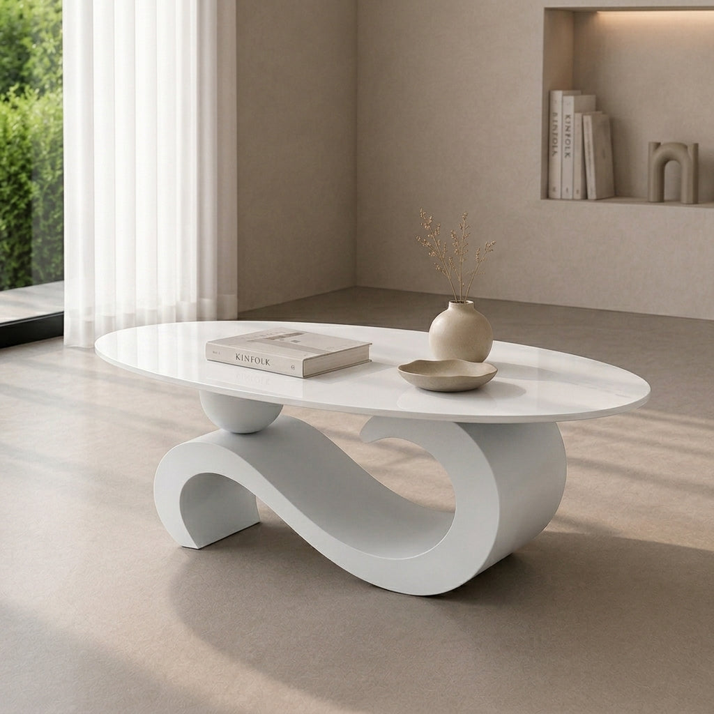 120 cm Oval Sintered Stone Coffee Table with Matte White Base