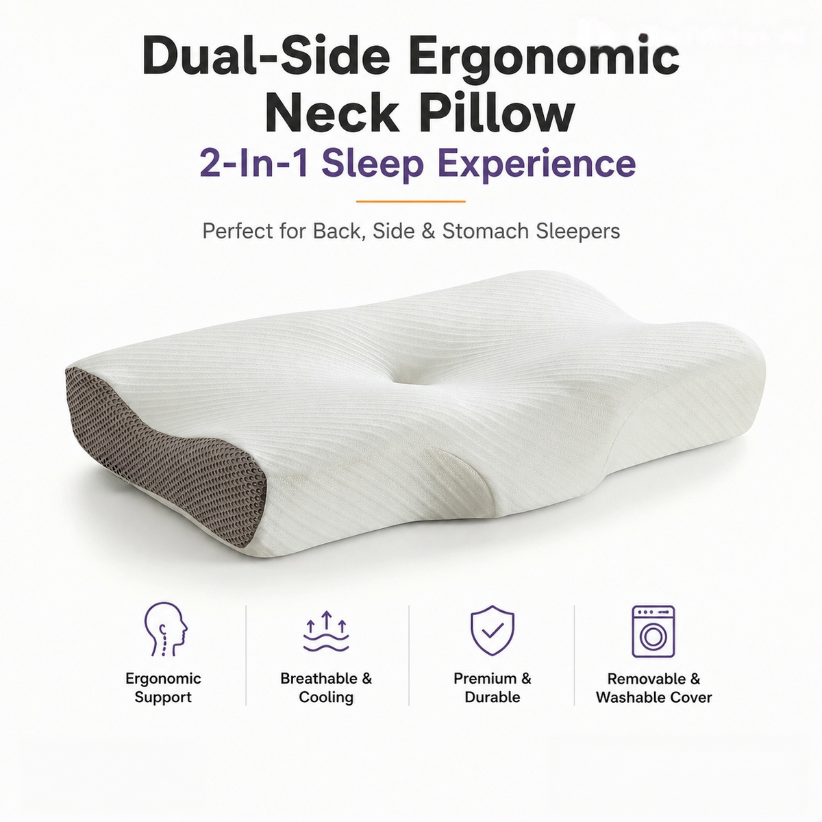 Dual-Side Ergonomic Cervical Neck Pillow for Side, Back & Stomach Sleepers