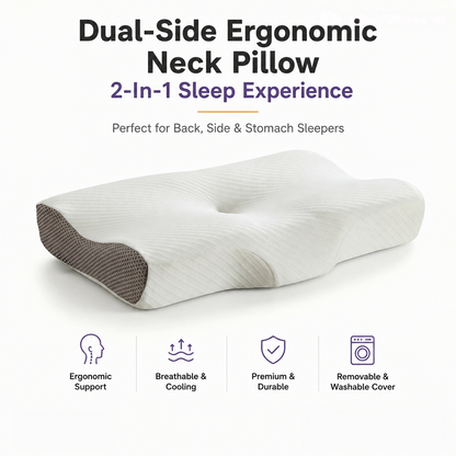 Dual-Side Ergonomic Cervical Neck Pillow for Side, Back & Stomach Sleepers