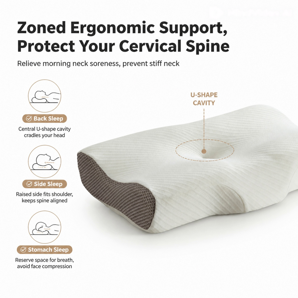 Dual-Side Ergonomic Cervical Neck Pillow for Side, Back & Stomach Sleepers